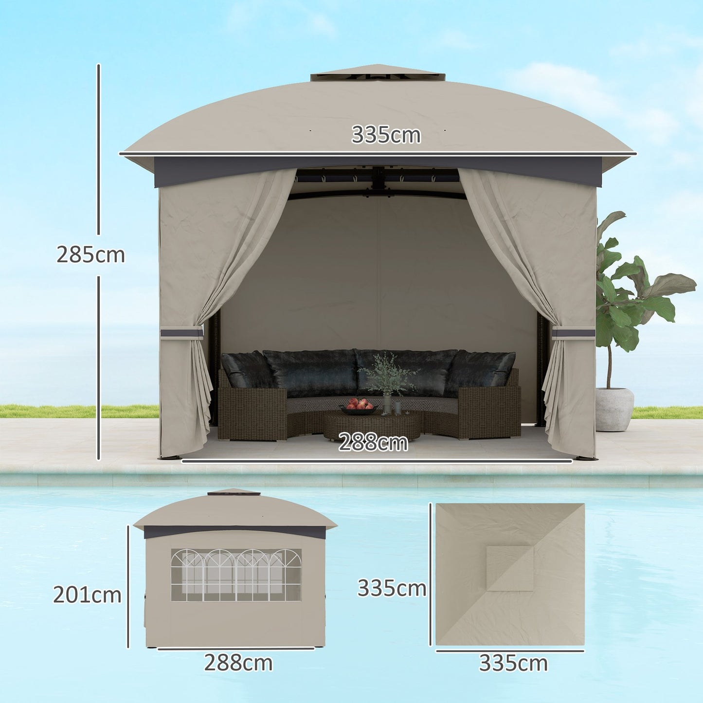 Water-repellent garden gazebo, 3.4m, UV protection, light grey