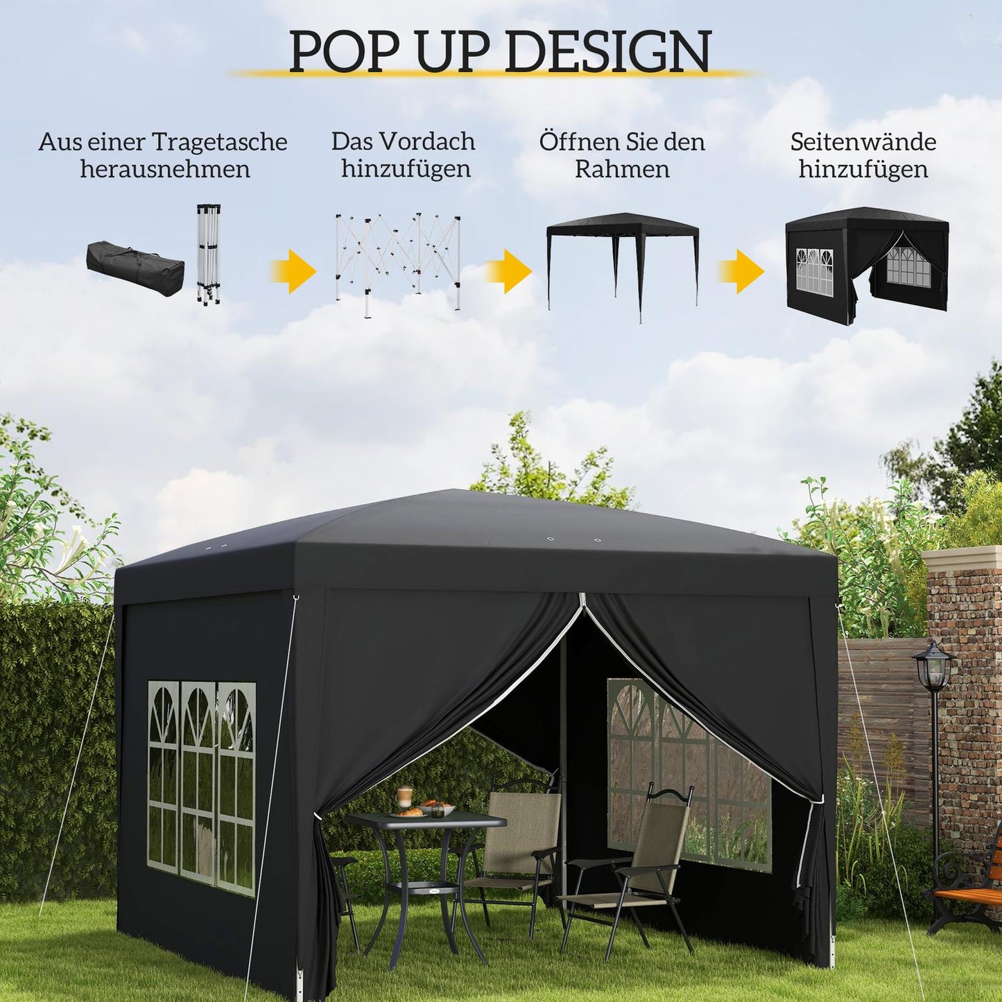 Pop-Up Gazebo 3x3m, Water-repellent, UV 50+, Black