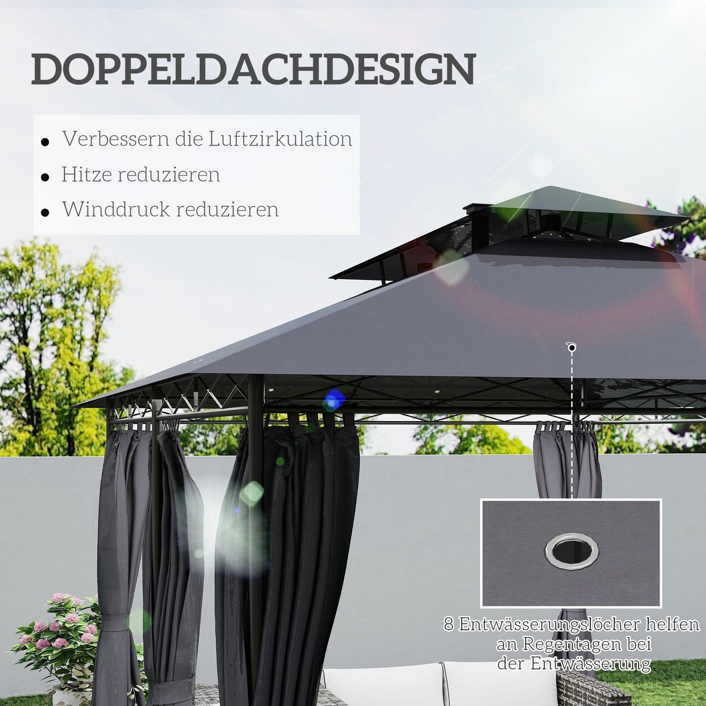 Metal Gazebo 4x3m, Double Roof, Solar LED, Dark Grey