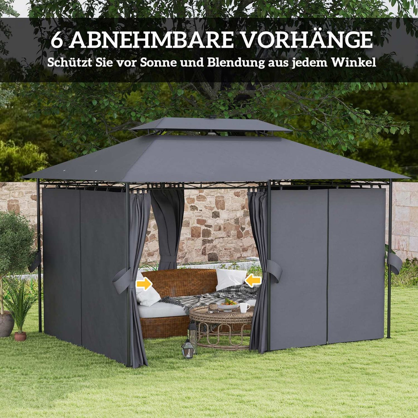 Metal Gazebo 4x3m, Double Roof, Solar LED, Dark Grey