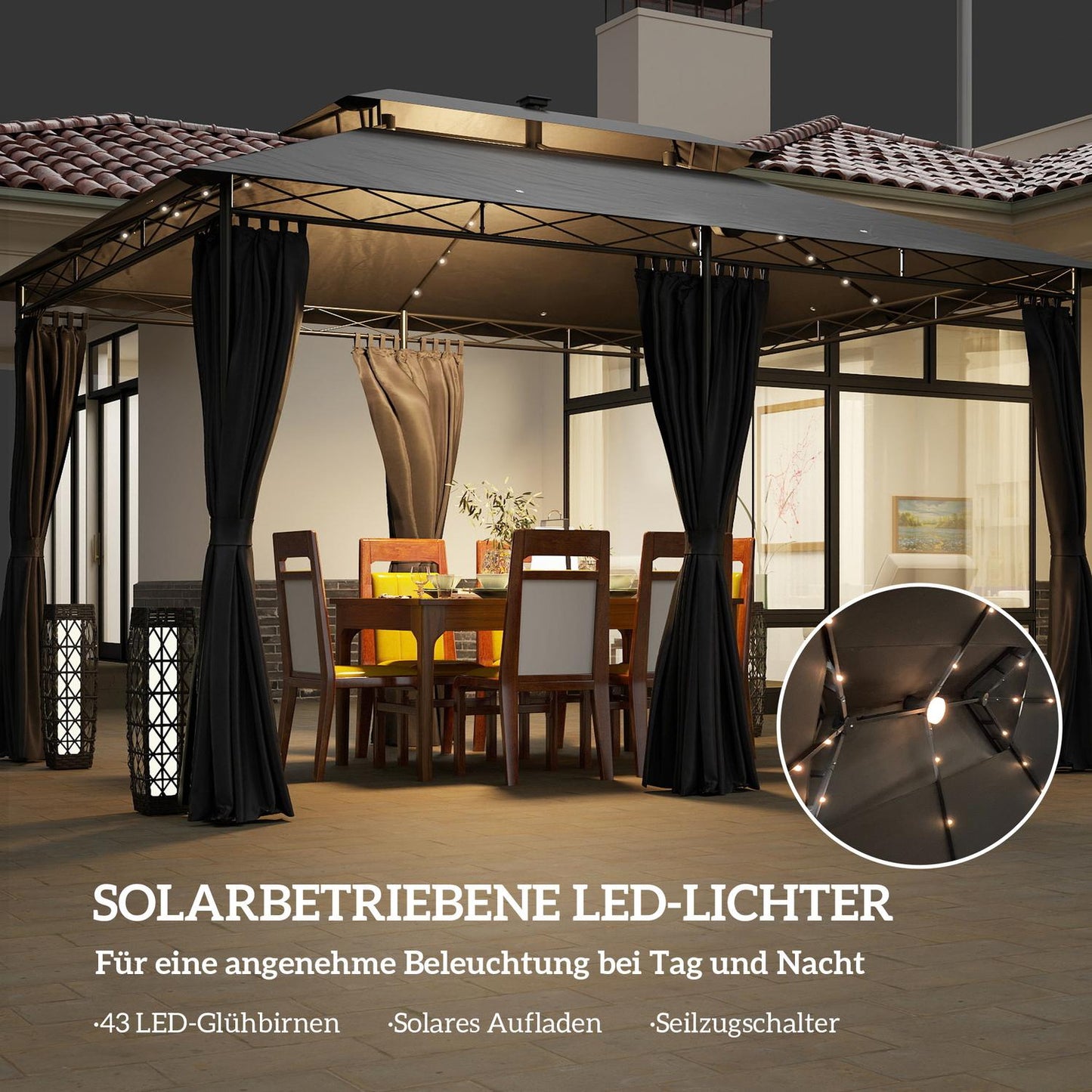 Metal Gazebo 4x3m, Double Roof, Solar LED, Dark Grey