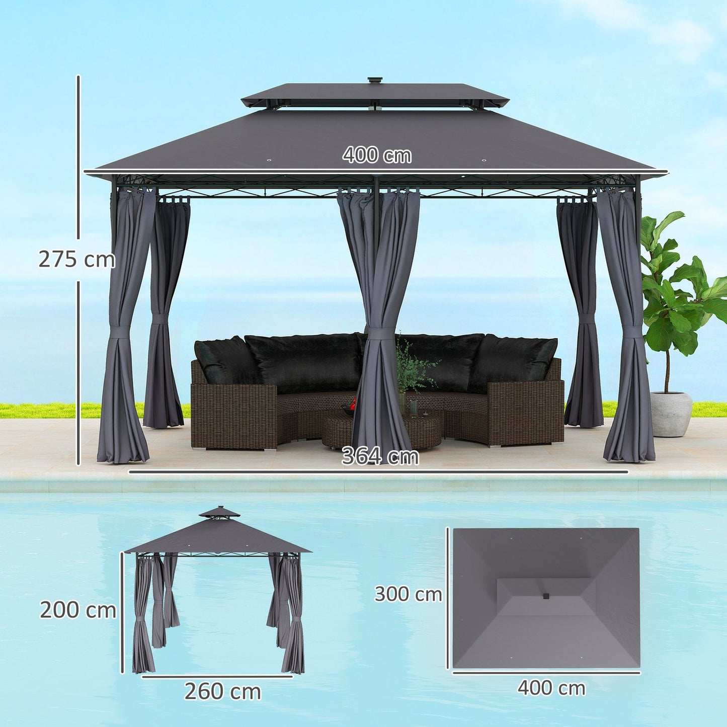 Metal Gazebo 4x3m, Double Roof, Solar LED, Dark Grey