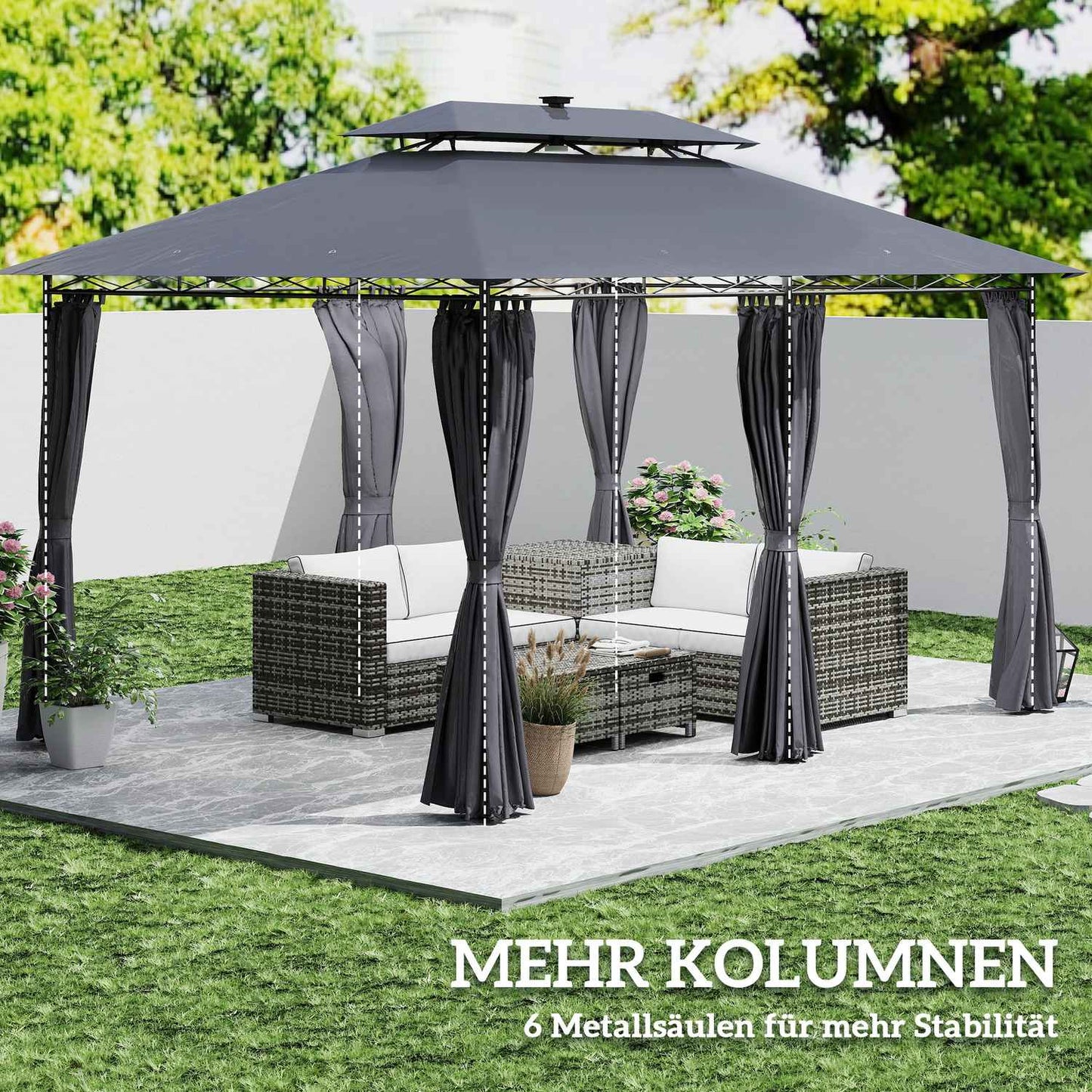 Metal Gazebo 4x3m, Double Roof, Solar LED, Dark Grey