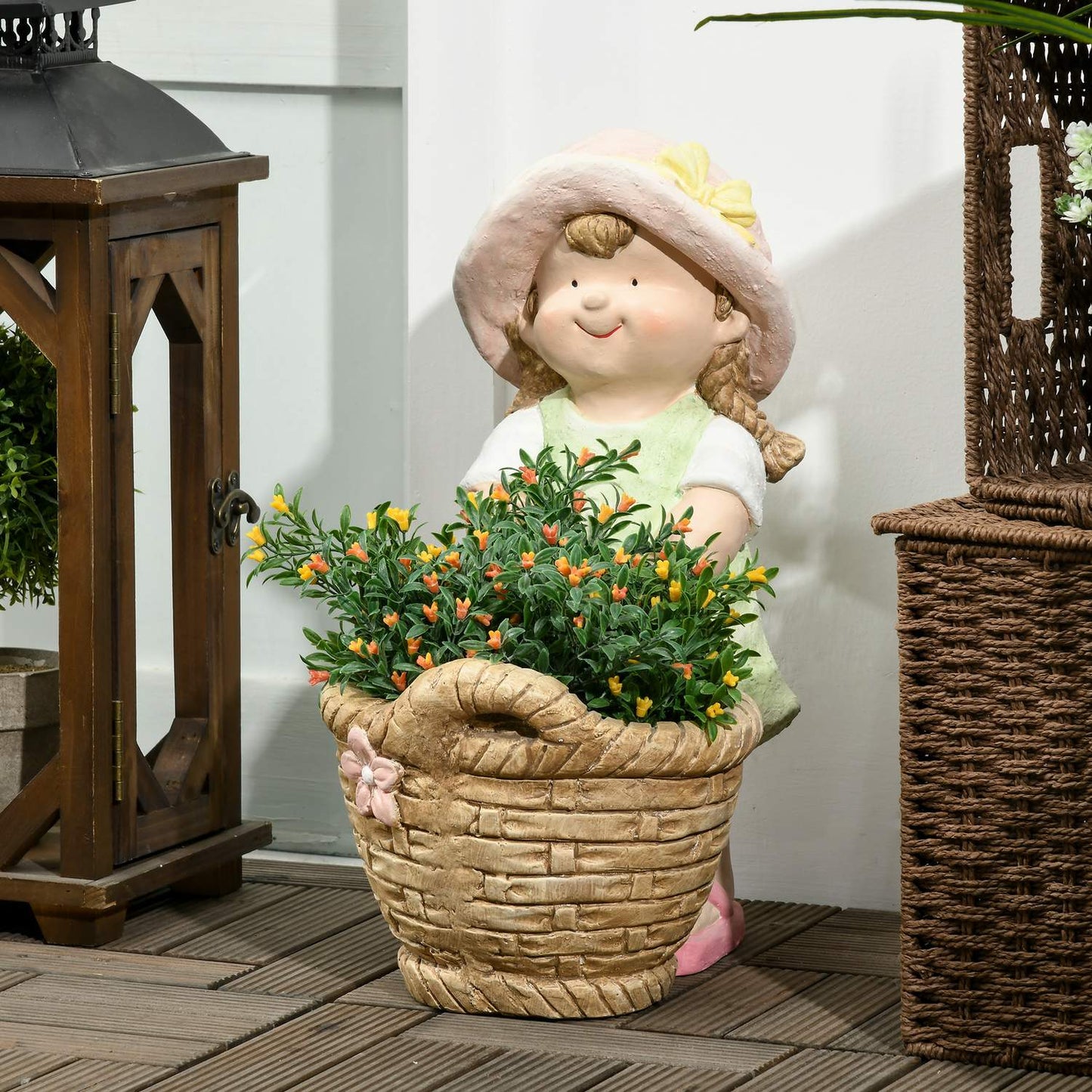 Garden figurine - girl with flowerpot, weatherproof sculpture