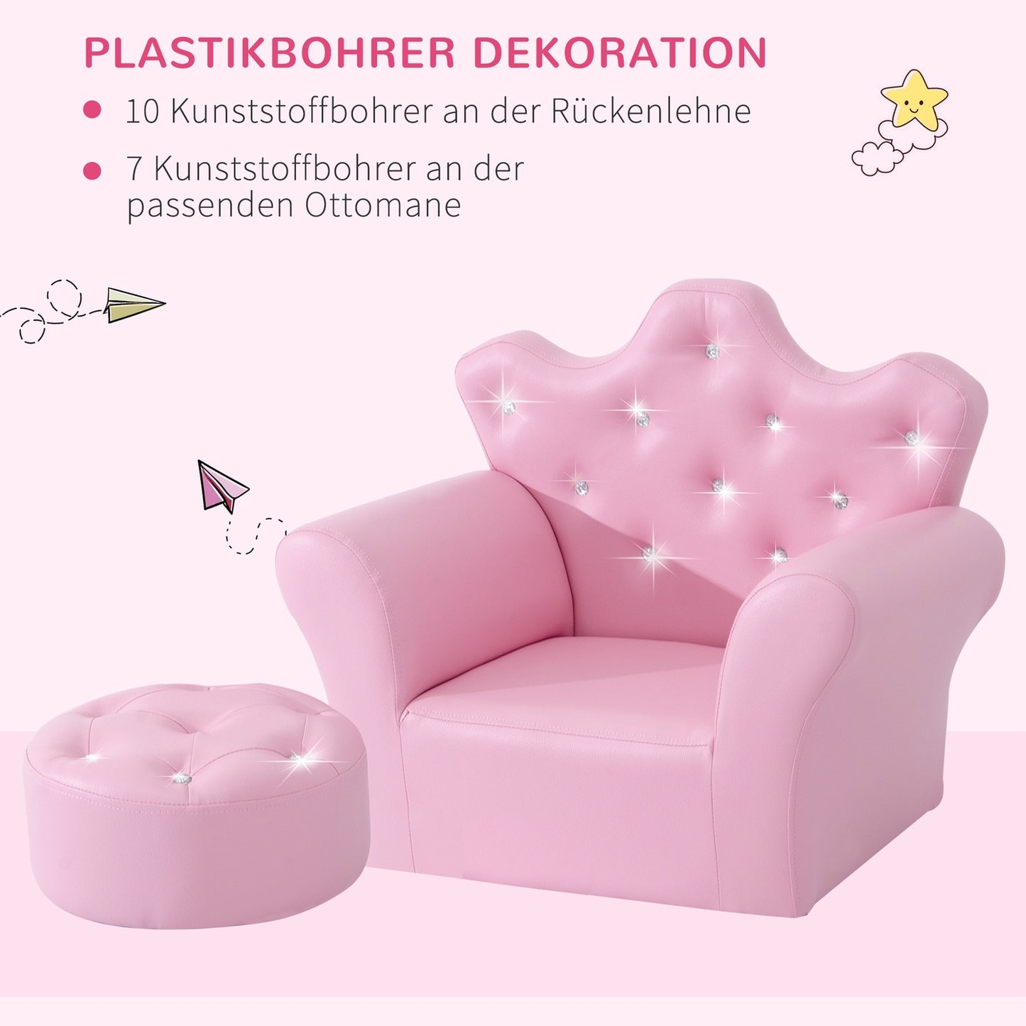 Pink soft armchair for girls with crystal buttons - ages 3+