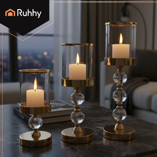 Glass Candle Holder Set of 3 – Gold, Mirror Inserts