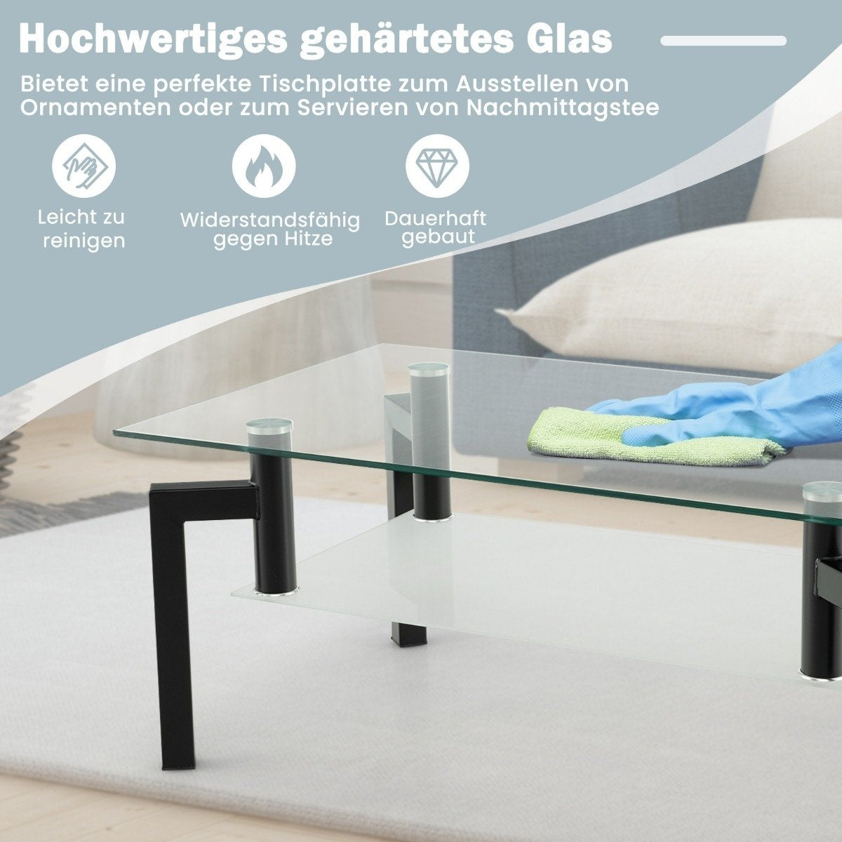 Glass Coffee Table – 2-Tier, Tempered Glass, Black Frame
