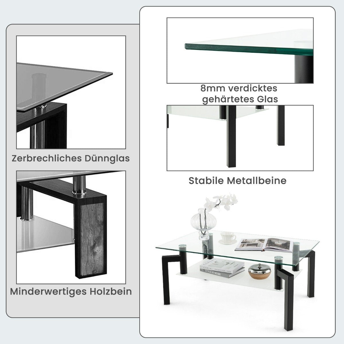 Glass Coffee Table – 2-Tier, Tempered Glass, Black Frame
