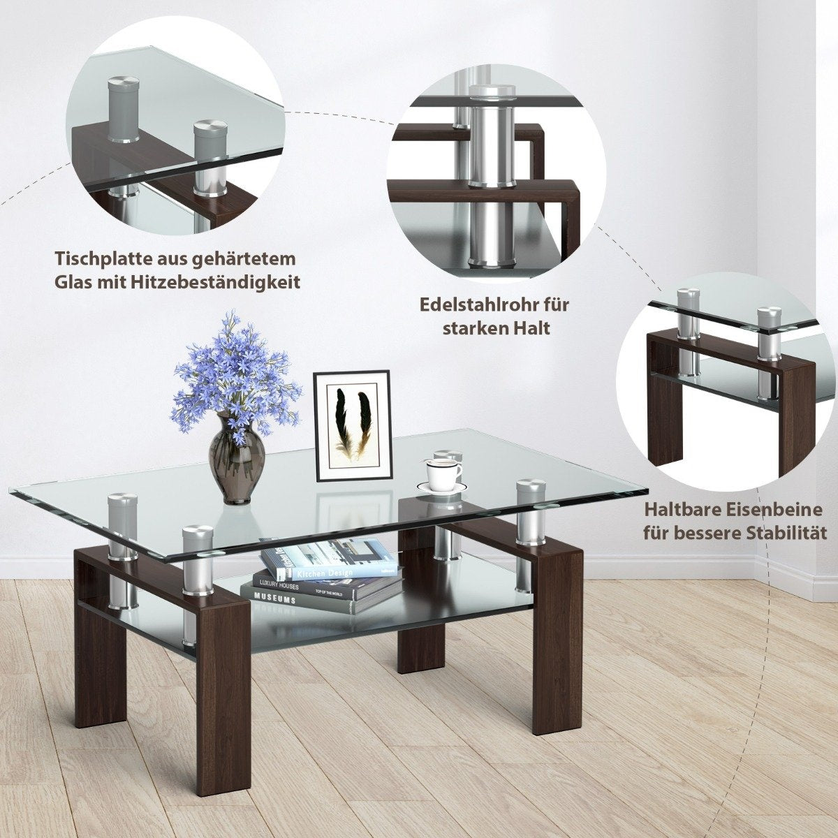 Glass Coffee Table with Shelf, 99.5 x 59.5 x 44.5 cm, Brown