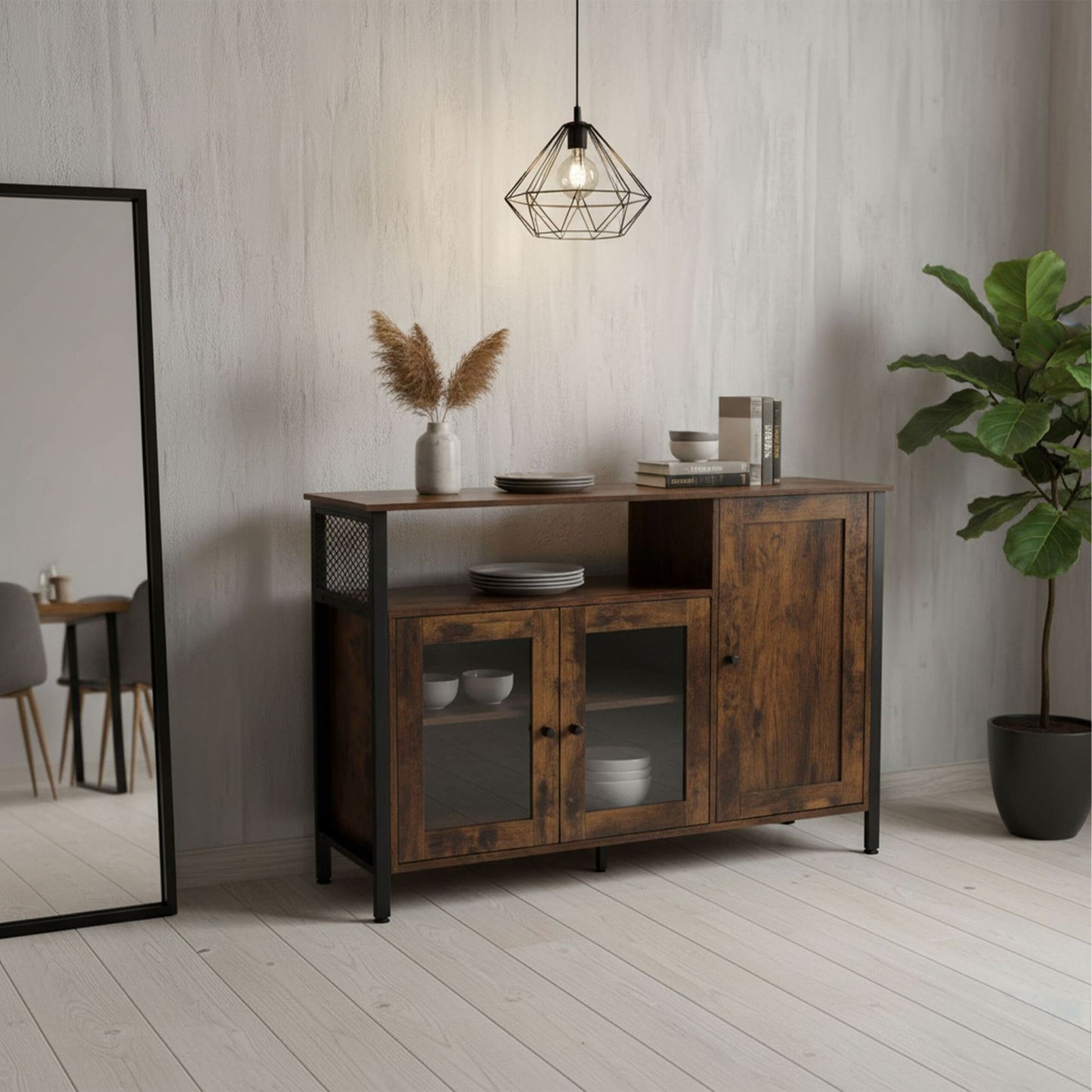 Glass-Door Kitchen Sideboard, Adjustable Shelves