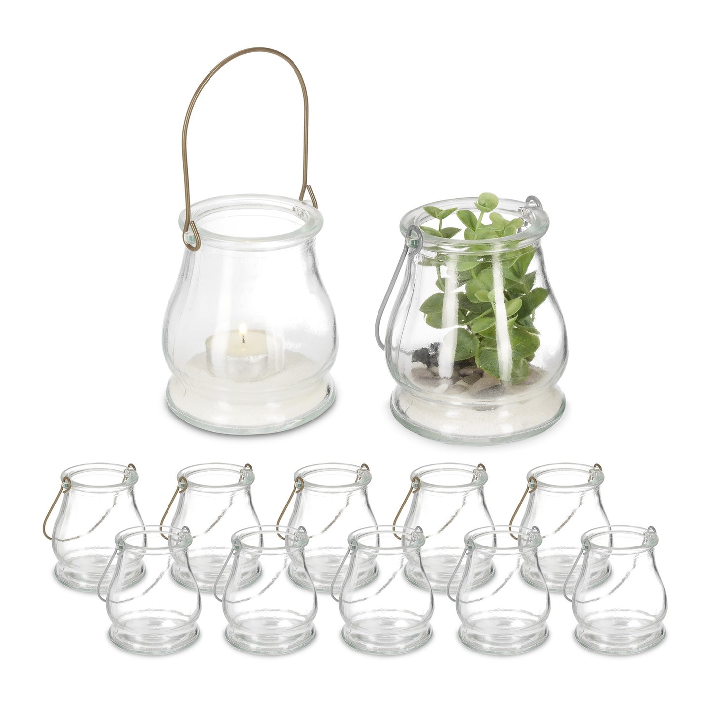 Glass Lanterns Set, 12 Round Silver/Gold Candle Holders