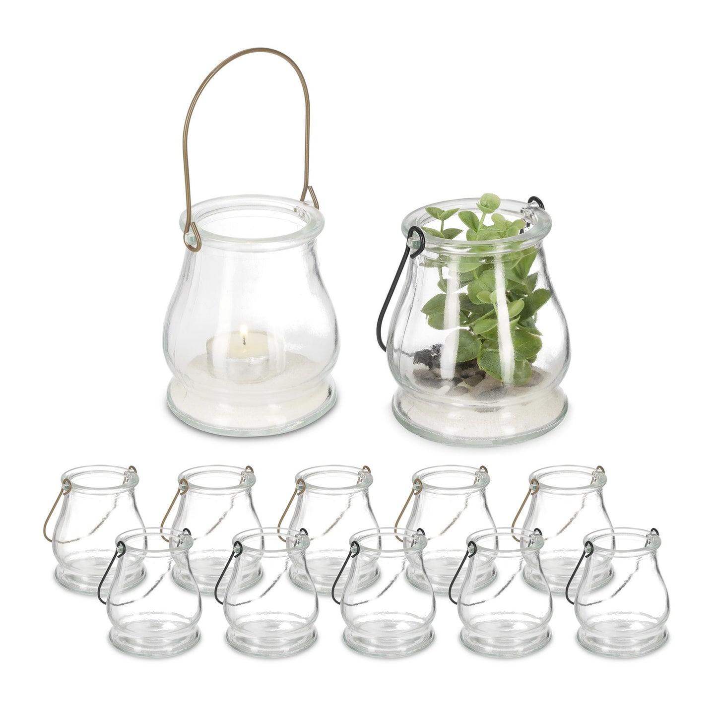 Glass Lanterns Set, Gold/Black, Round Candle Holders