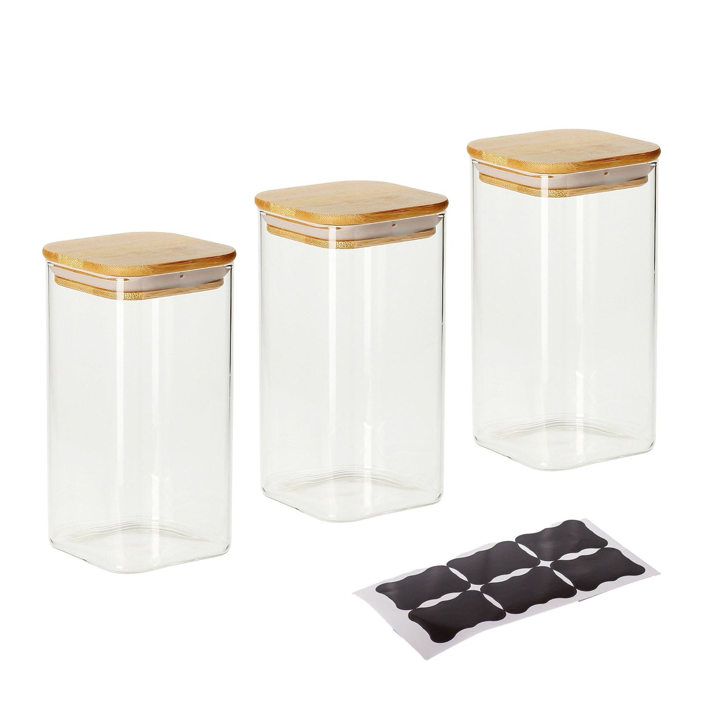 Glass Storage Jars, Bamboo Lids, 1500ml, Set of 3