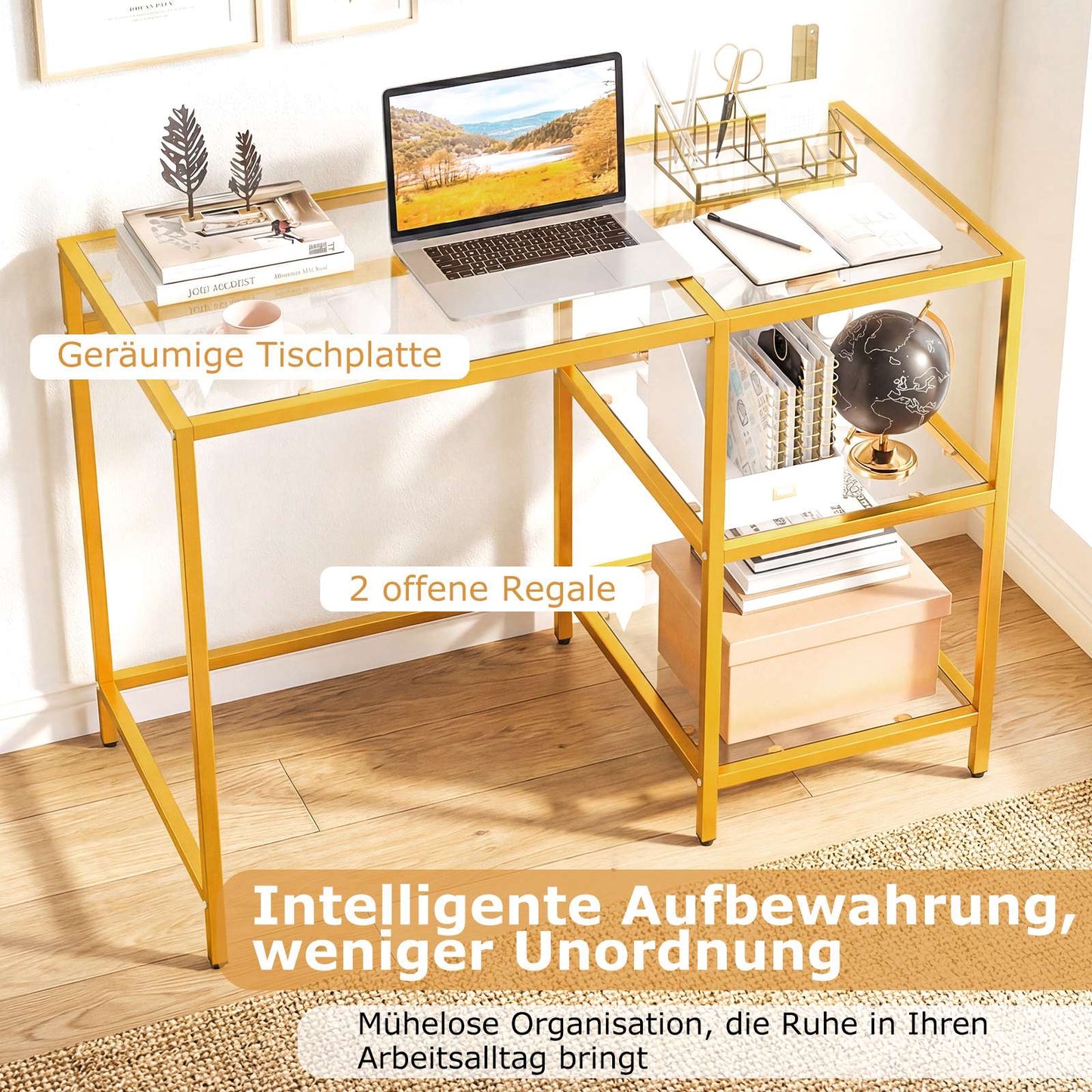 Glass-Top Computer Desk with Metal Frame, Gold, 106x51x76 cm