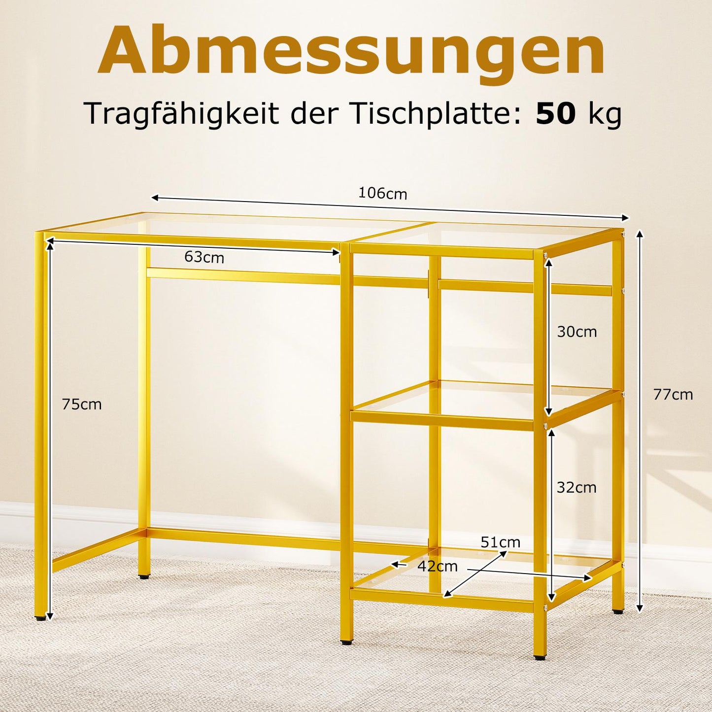 Glass-Top Computer Desk with Metal Frame, Gold, 106x51x76 cm