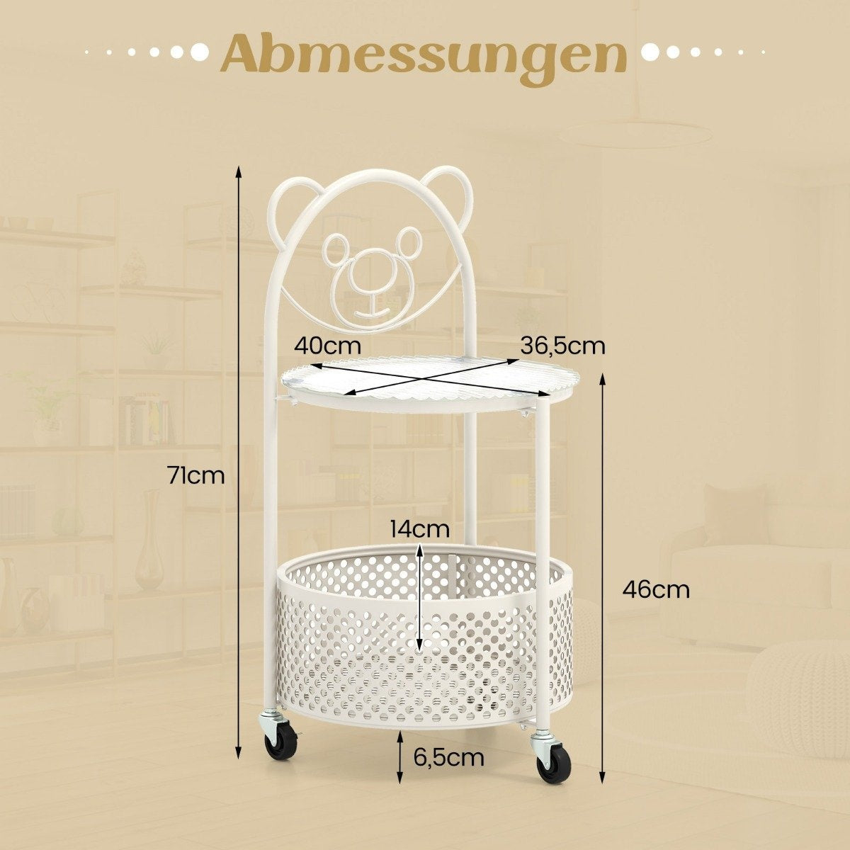 Glass side table with wheels 2-tier glass table round with bear pattern white