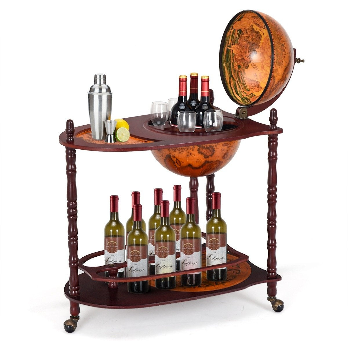 Globe bar made of eucalyptus wood on 3 wheels for opening. Home bar bottle rack