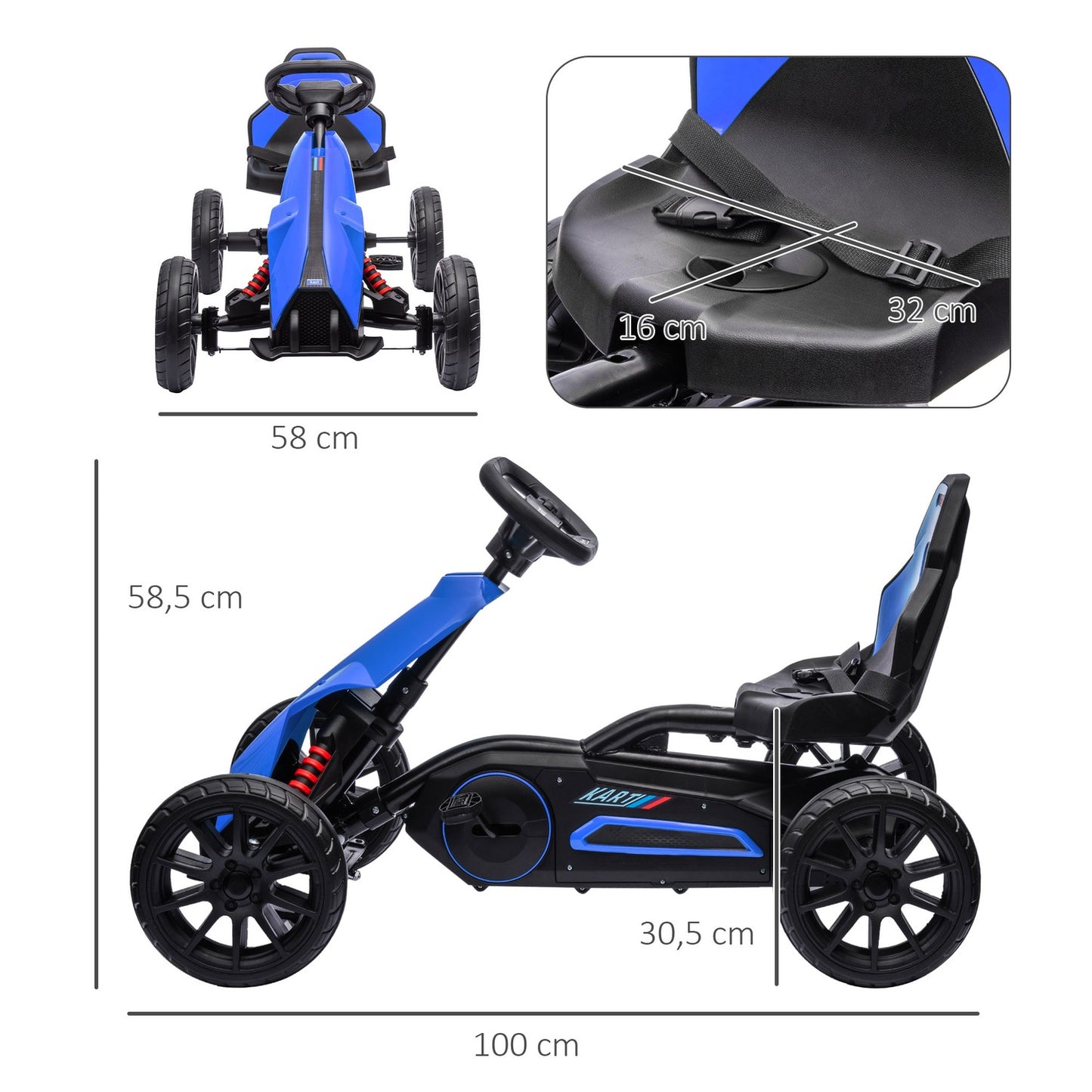 Children's pedal go-kart with adjustable seat and handbrake