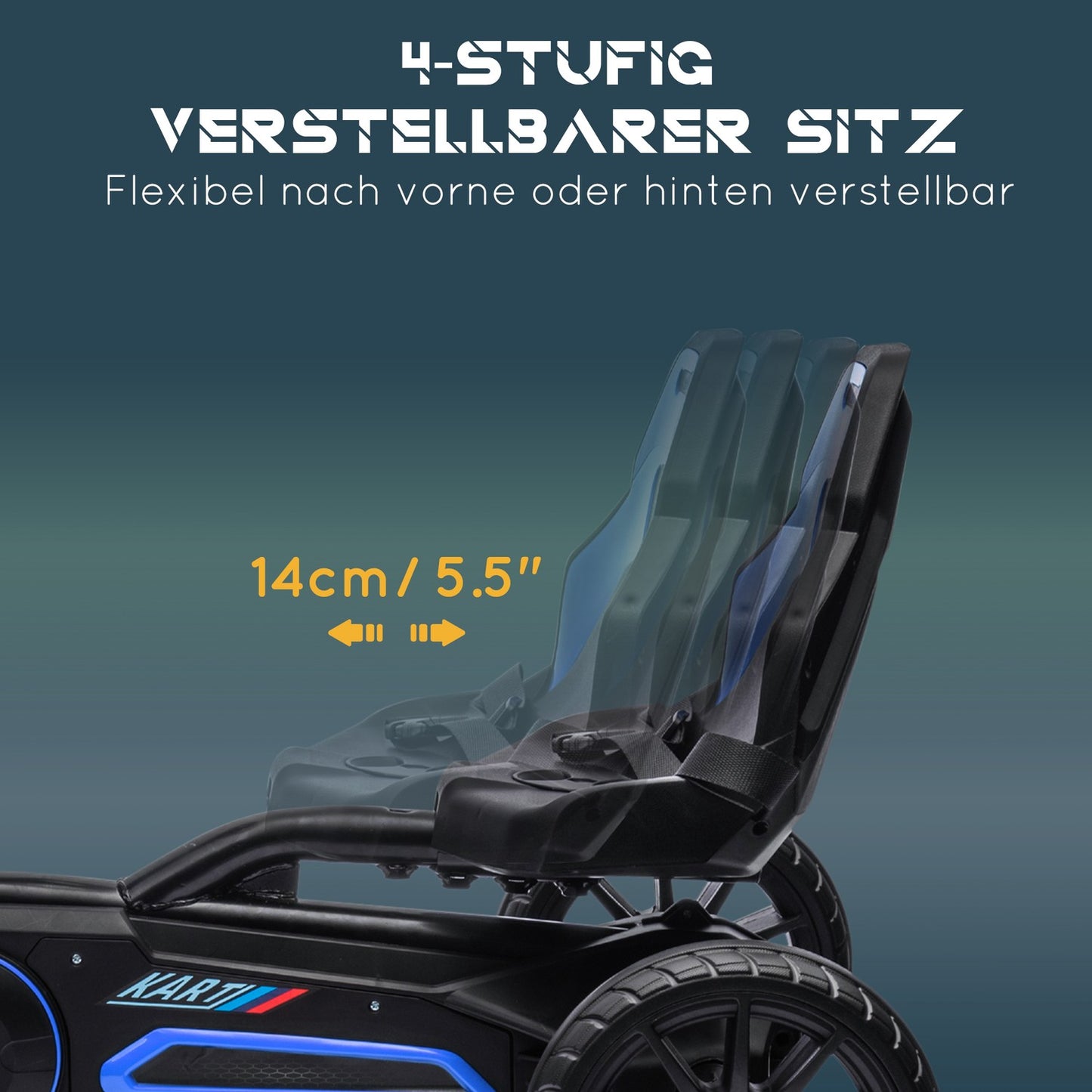 Children's pedal go-kart with adjustable seat and handbrake