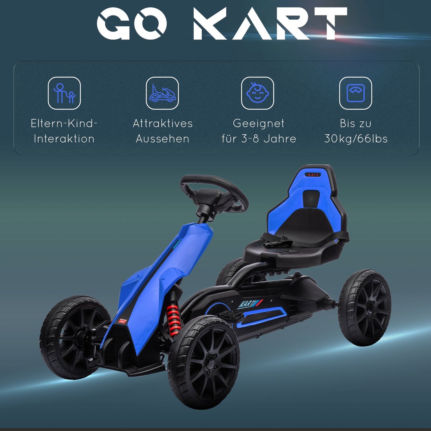 Children's pedal go-kart with adjustable seat and handbrake