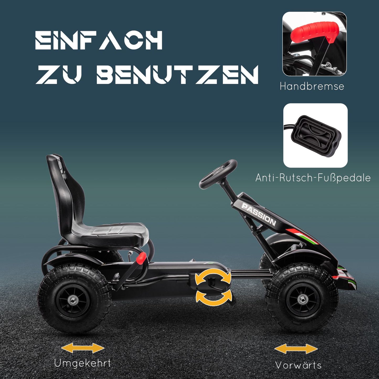 Pedal Go-Kart for Kids with Hand Brakes, Adjustable Seat, Black