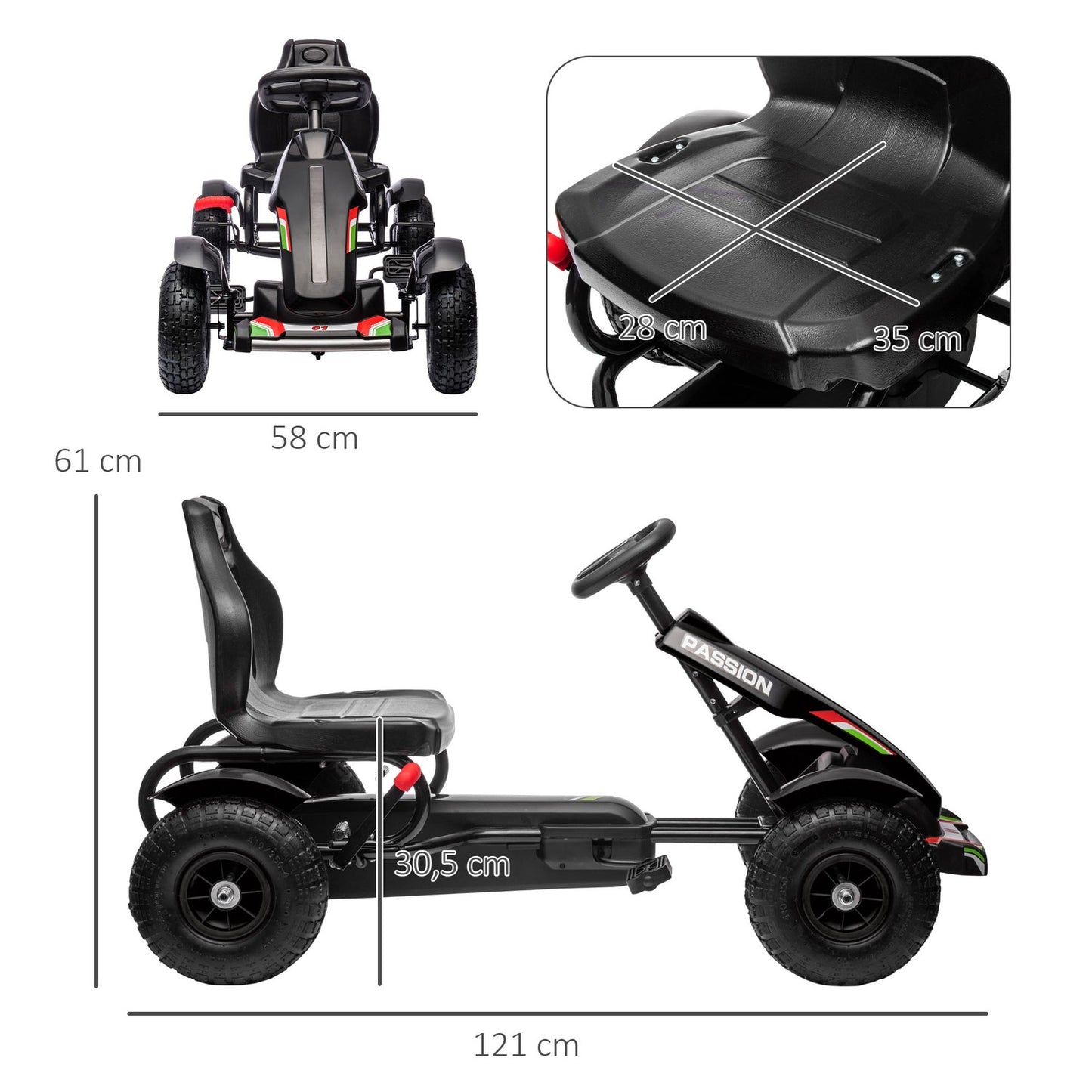 Pedal Go-Kart for Kids with Hand Brakes, Adjustable Seat, Black