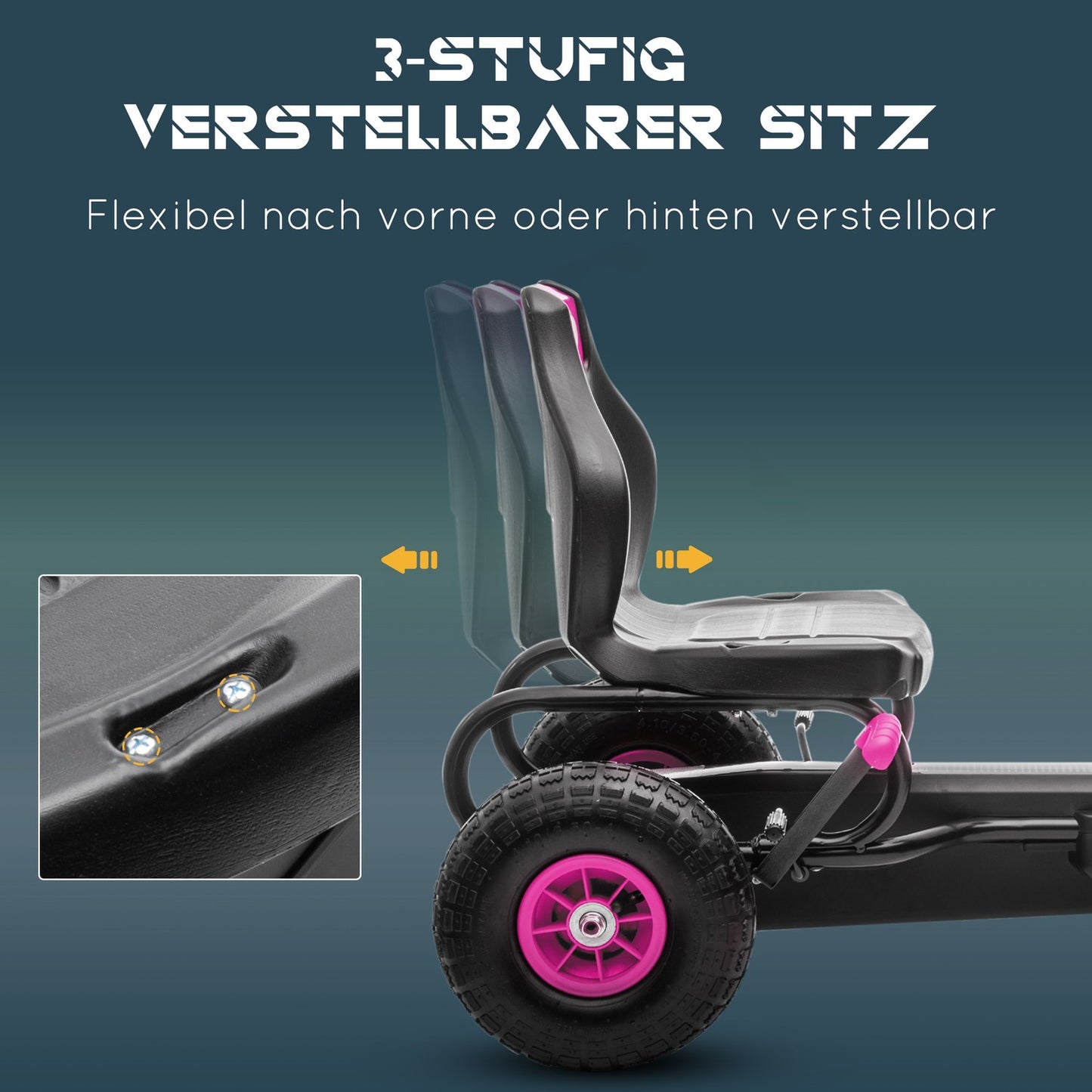 Go-kart for children with adjustable seat and handbrake, pink
