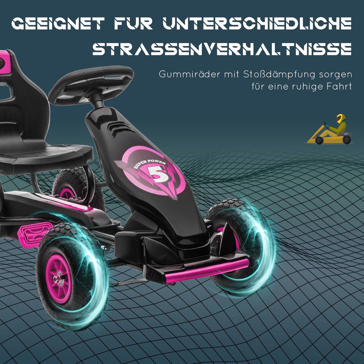 Go-kart for children with adjustable seat and handbrake, pink