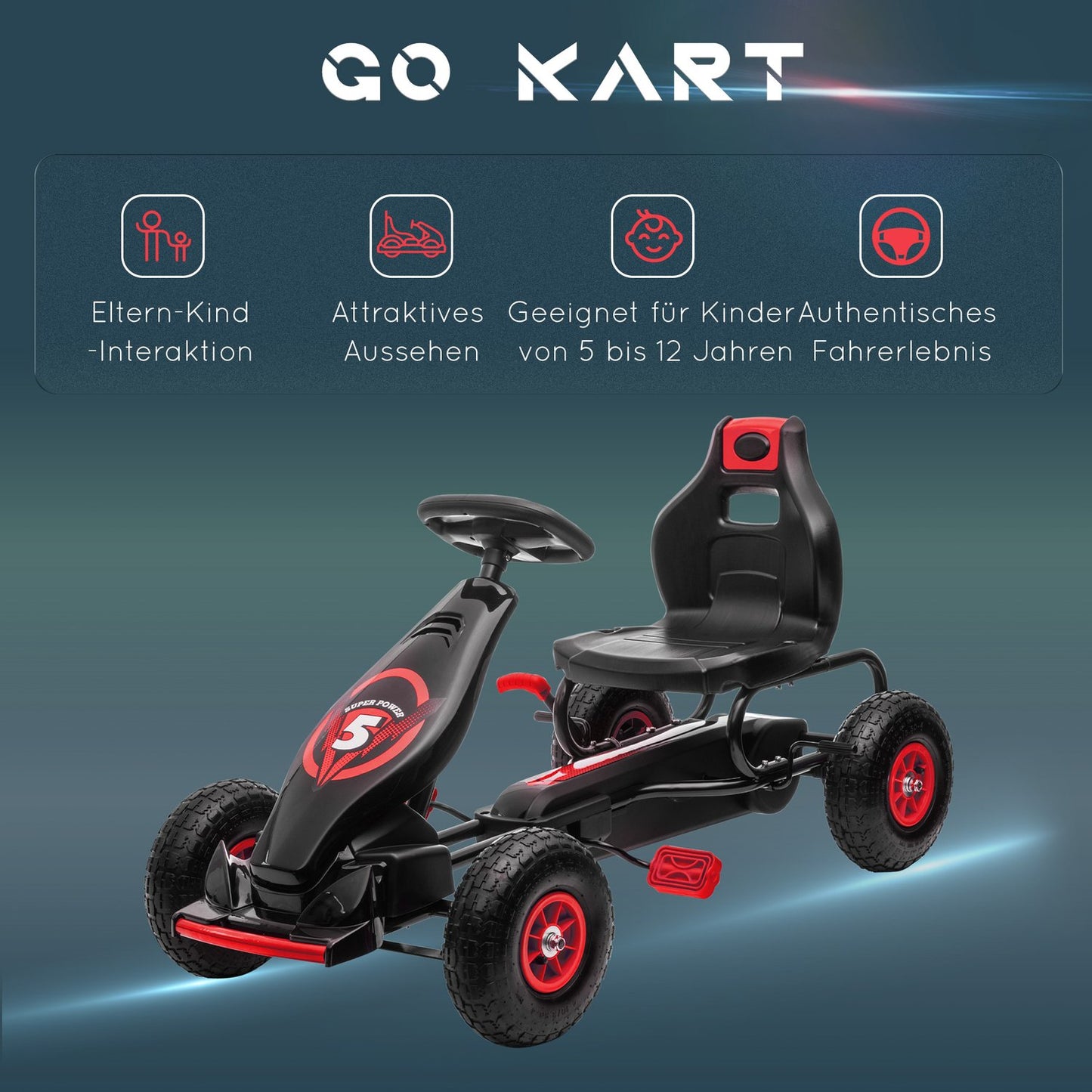 Pedal Go-Kart for children, adjustable seat, rubber tires