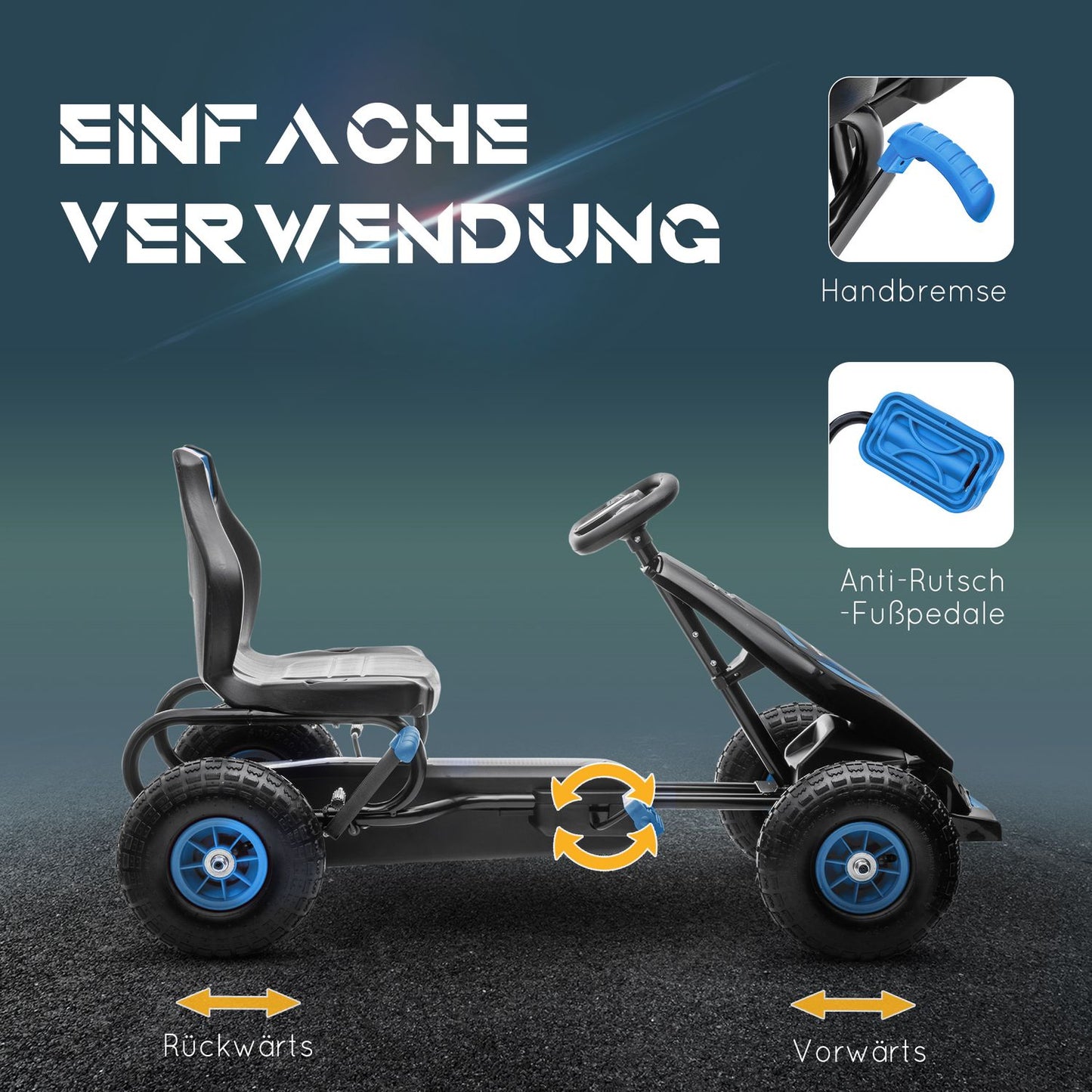 Go-kart for children with adjustable seat, rubber tires and brake