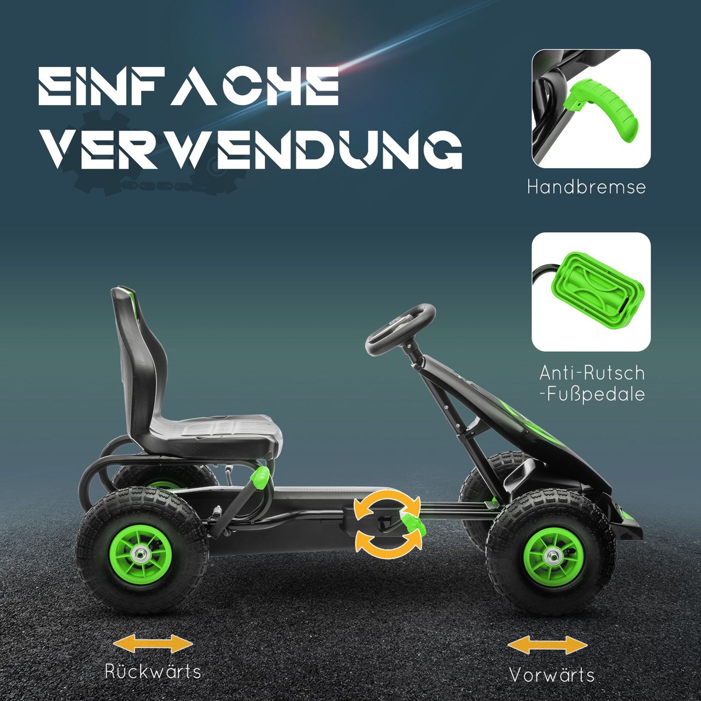 Go-kart for children with adjustable seat and handbrake
