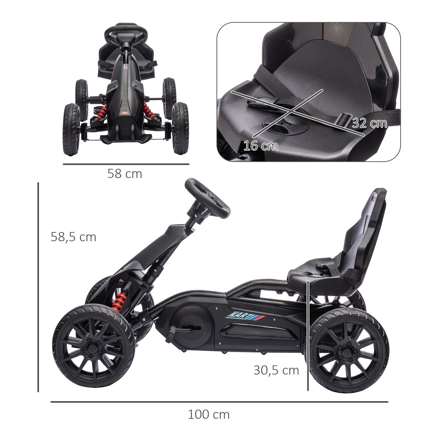 Kids Pedal Go-Kart, adjustable seat & handbrake, black