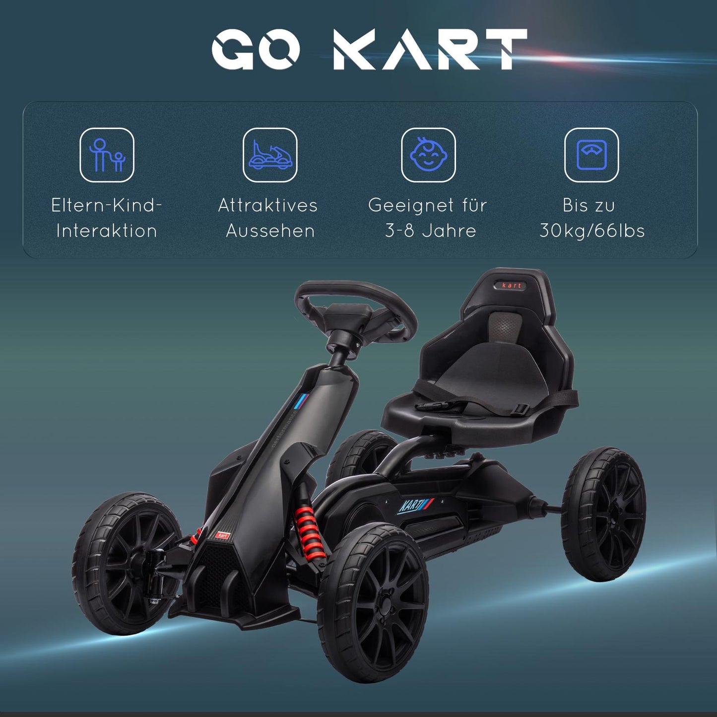 Kids Pedal Go-Kart, adjustable seat & handbrake, black