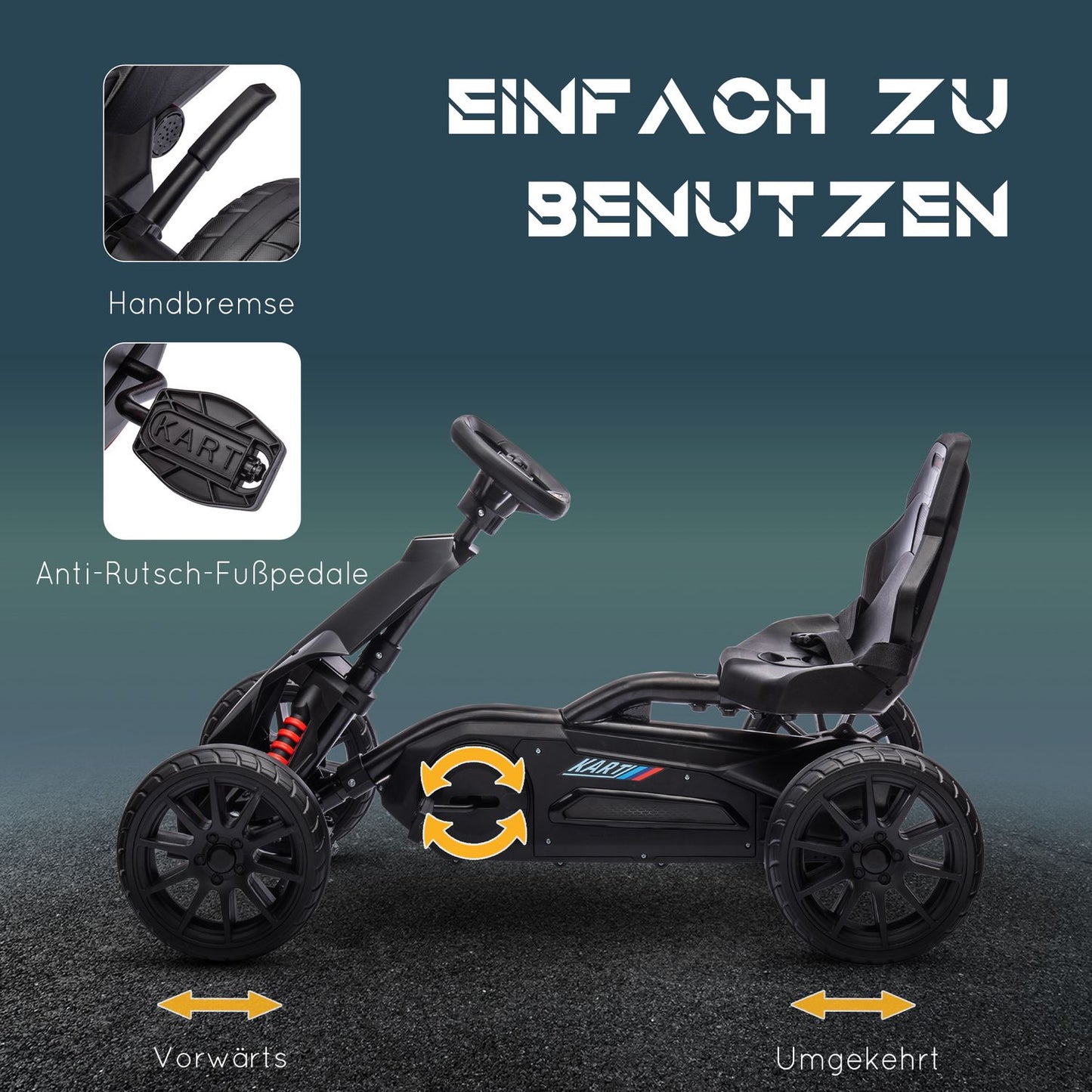 Kids Pedal Go-Kart, adjustable seat & handbrake, black