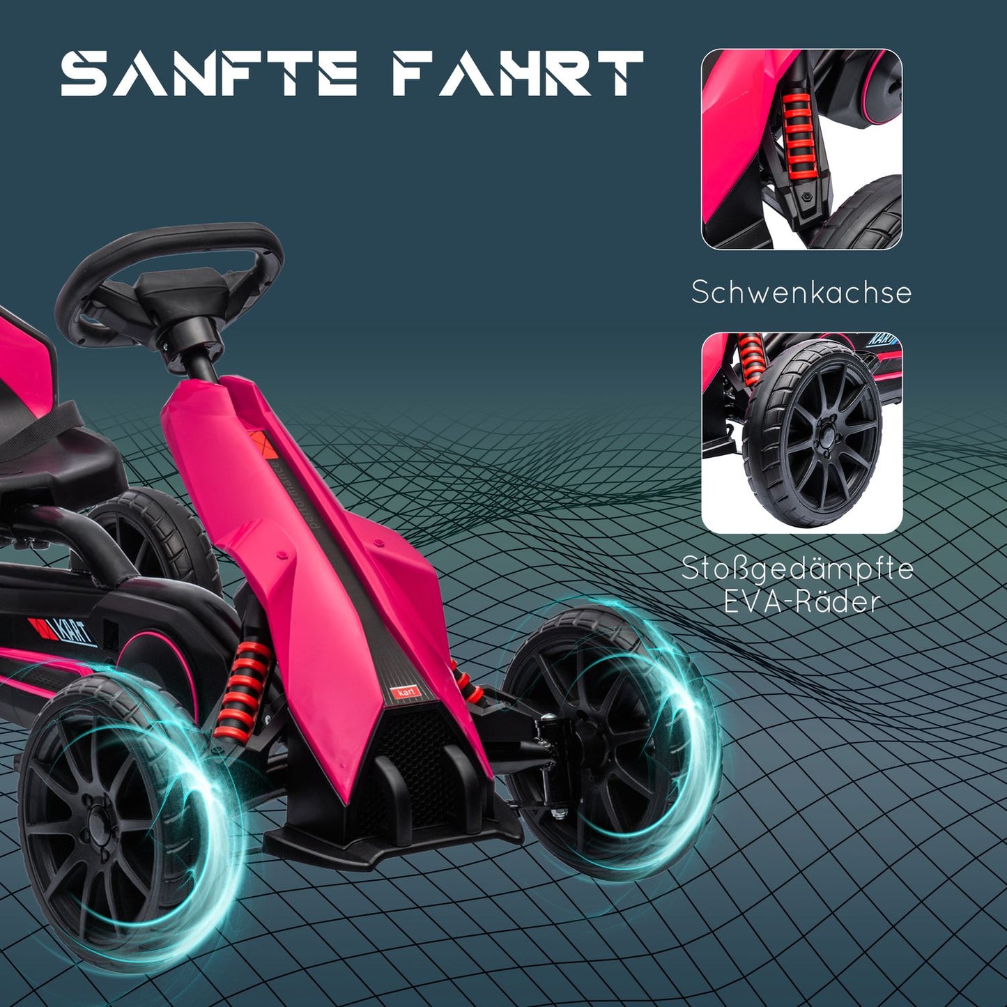 Pink pedal go-kart for children 3-8 years, handbrake & adjustable seat