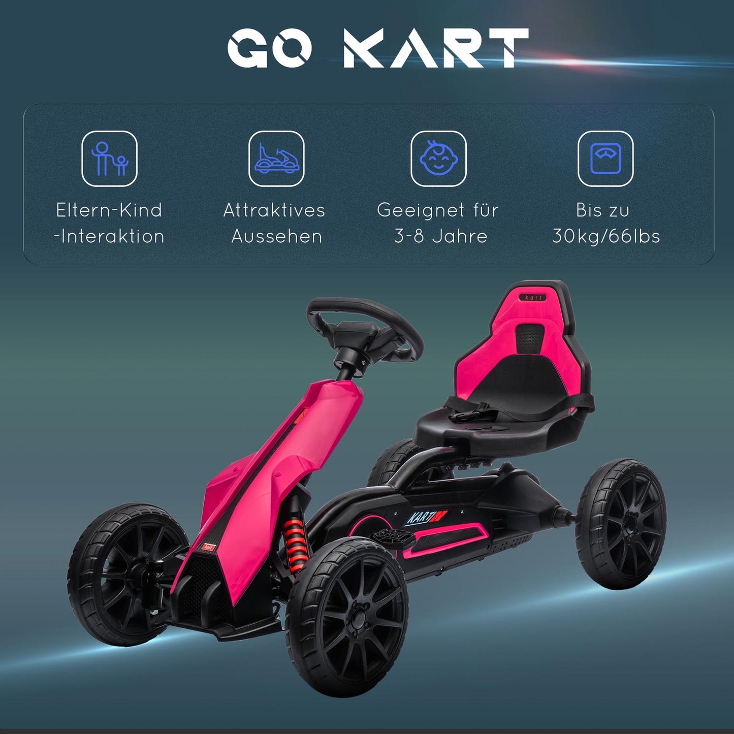 Pink pedal go-kart for children 3-8 years, handbrake & adjustable seat