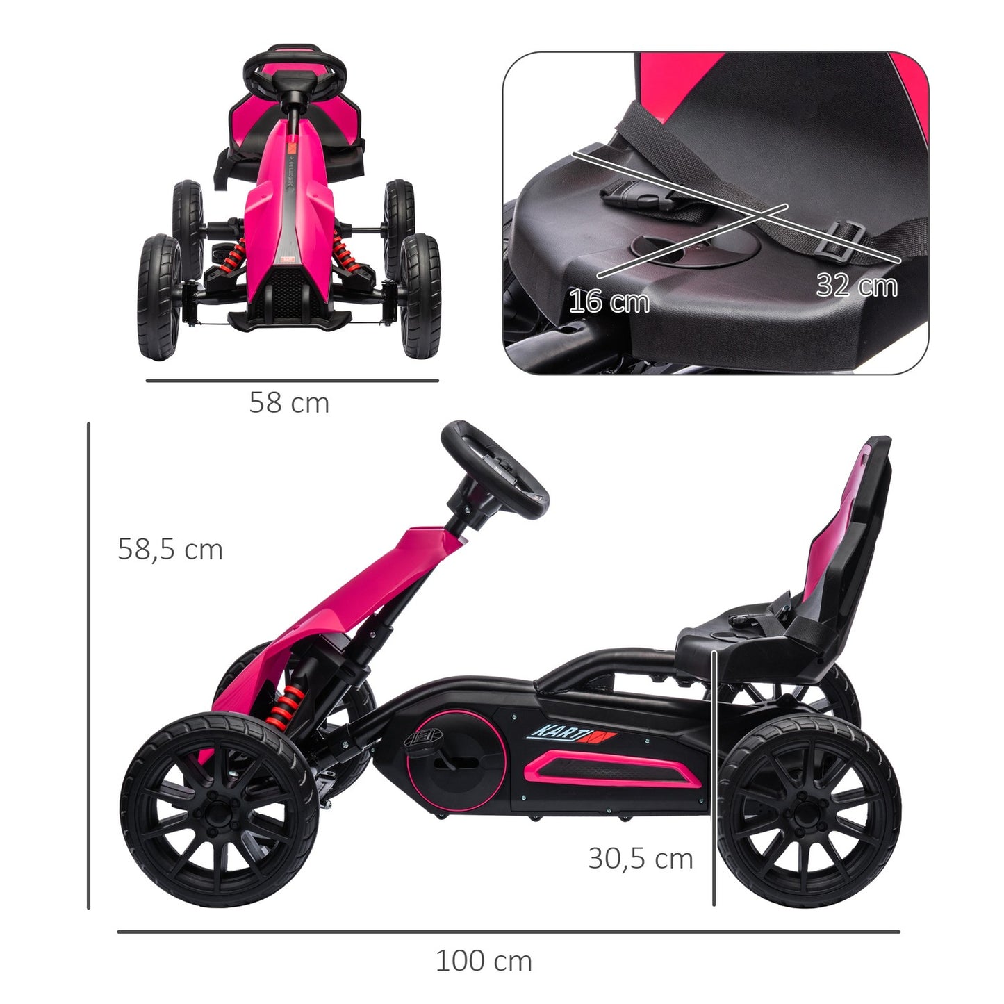 Pink pedal go-kart for children 3-8 years, handbrake & adjustable seat