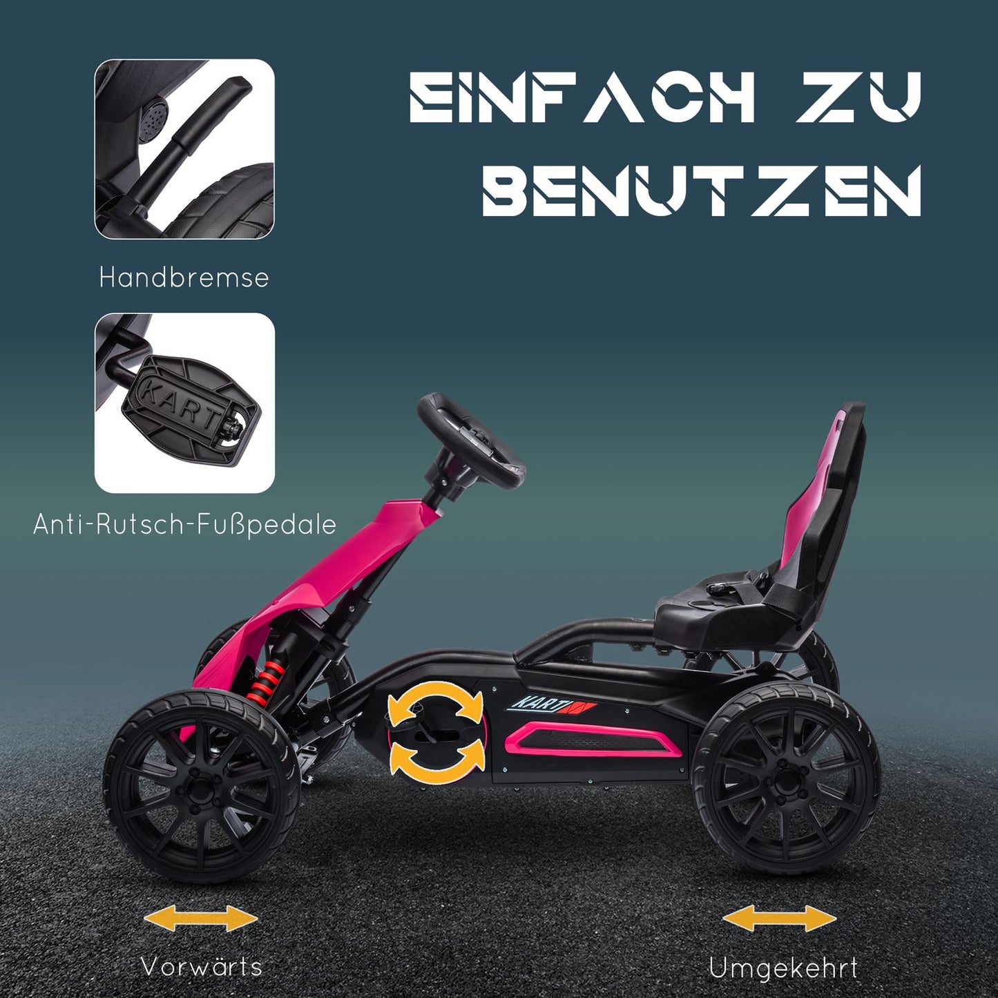Pink pedal go-kart for children 3-8 years, handbrake & adjustable seat