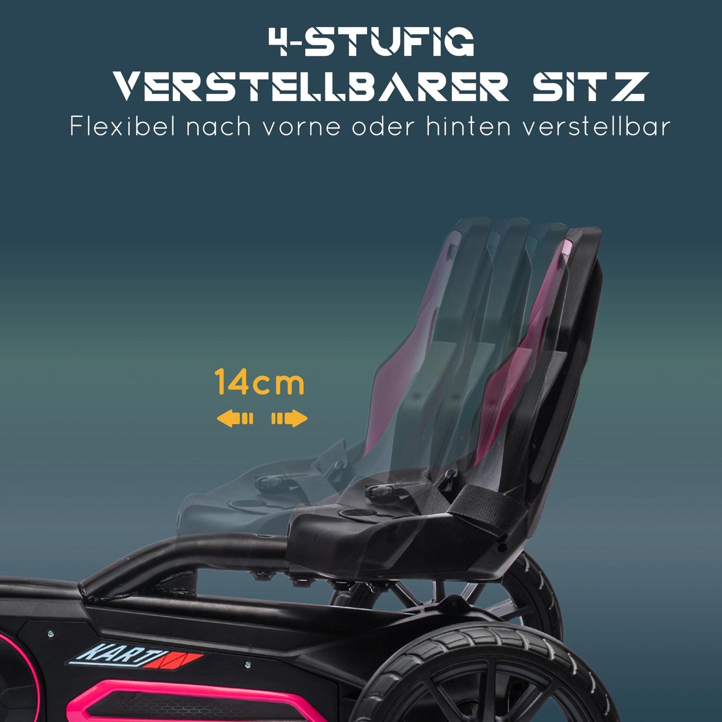 Pink pedal go-kart for children 3-8 years, handbrake & adjustable seat