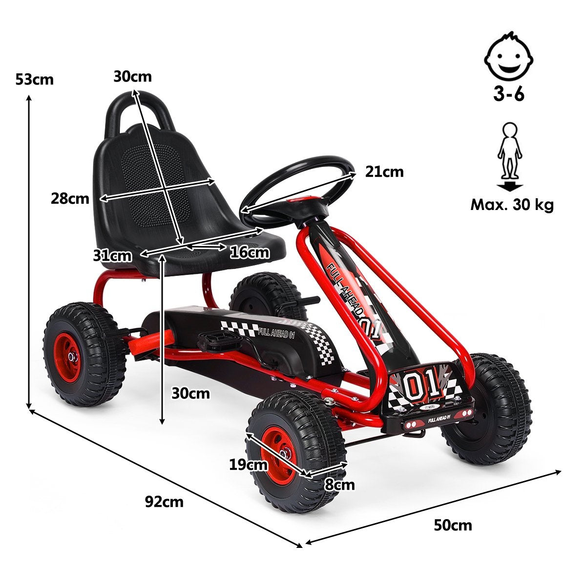 Go-kart with adjustable seat and handbrake, pedal car with a load capacity of up to 30 kg, pedal go cart red