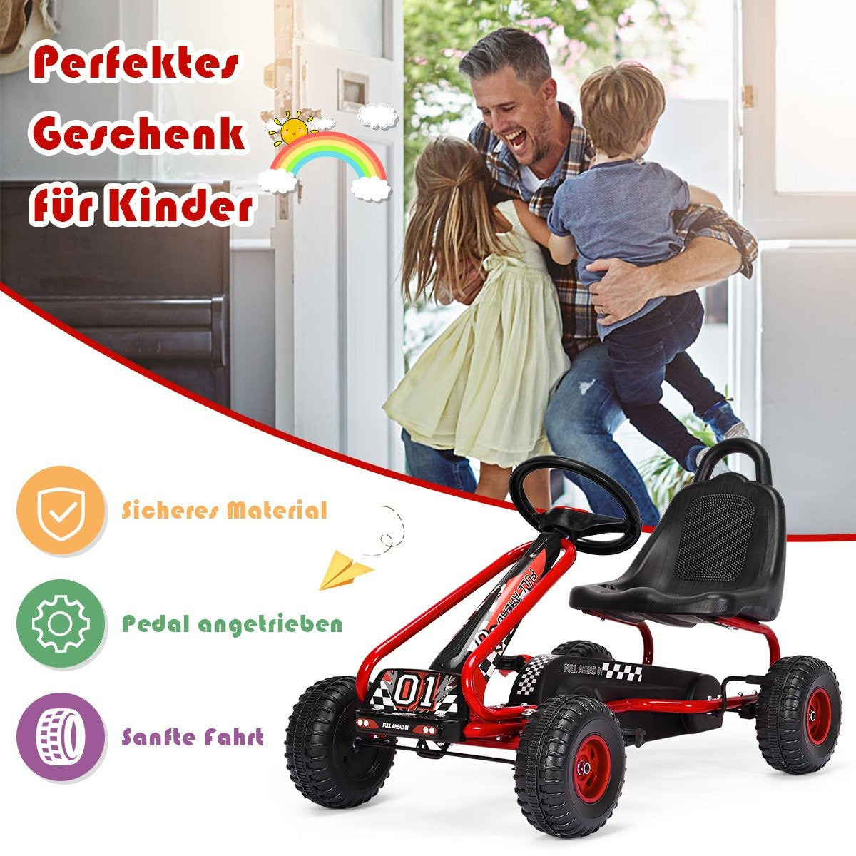 Go-kart with adjustable seat and handbrake, pedal car with a load capacity of up to 30 kg, pedal go cart red