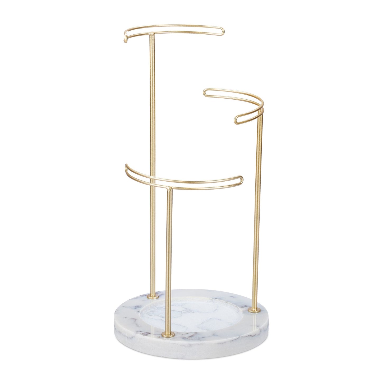 Gold colored jewelry stand with marble base