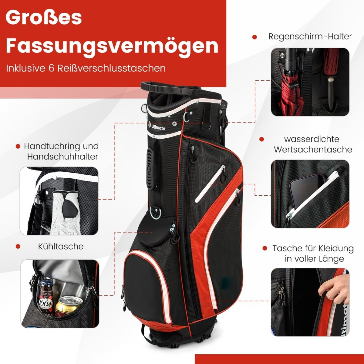Golf Bag with 14 Dividers, 6 Pockets, Rain Cover, Red