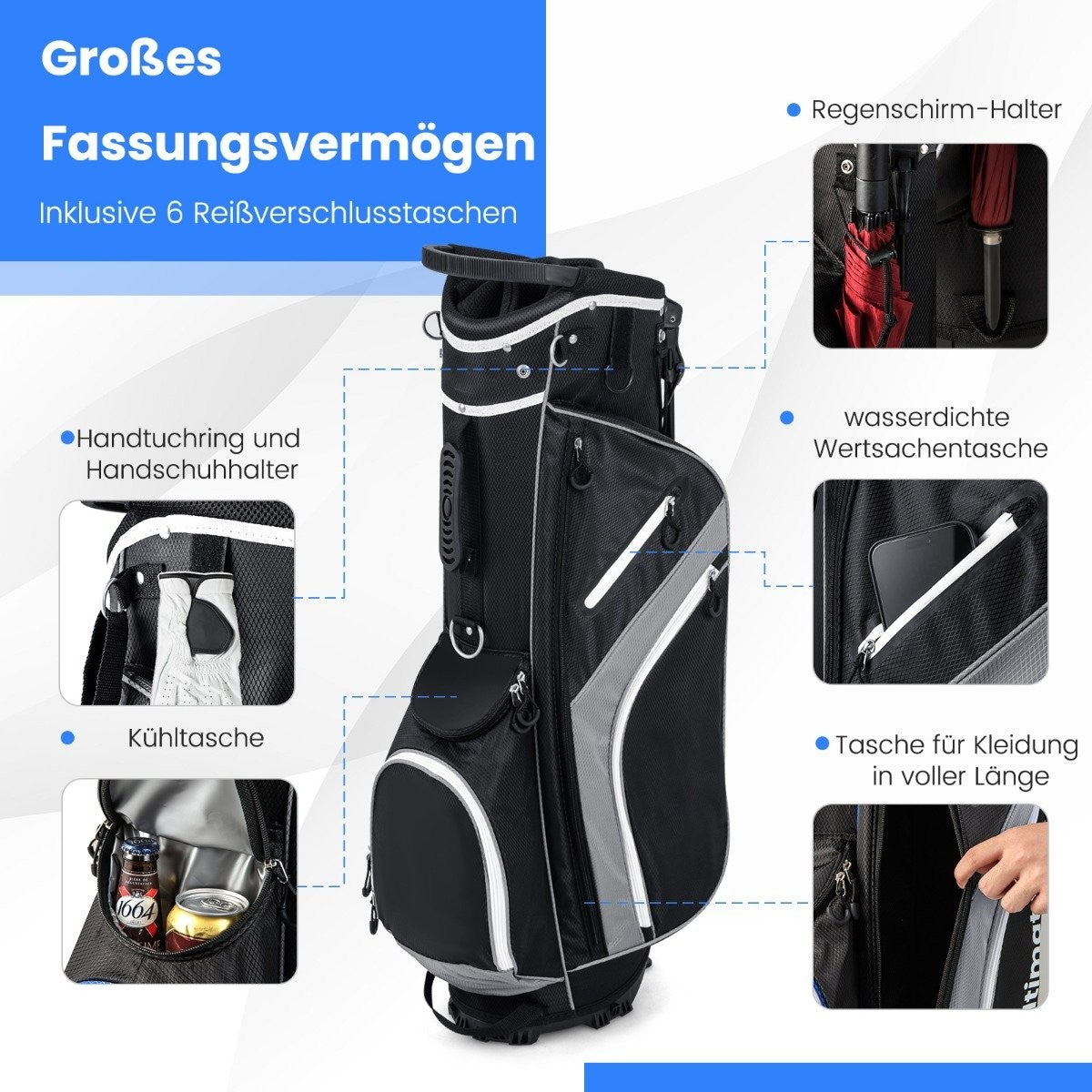 Golf Bag with 14-Way Divider, 6 Pockets, Rain Cover, Gray
