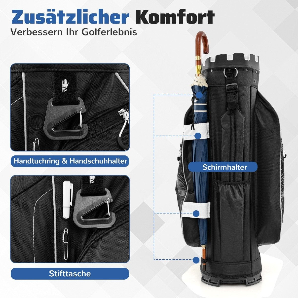 Golf Cart Bag, 14-Way Divider, 11 Pockets, Black