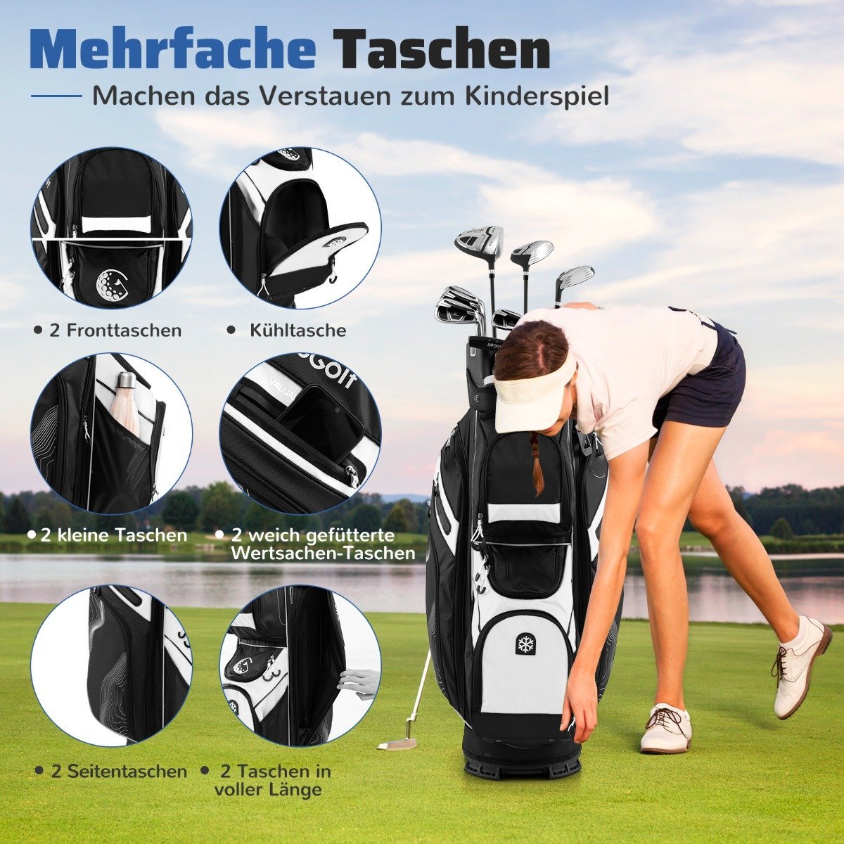 Golf Cart Bag, 14-Way Divider, 11 Pockets, Black