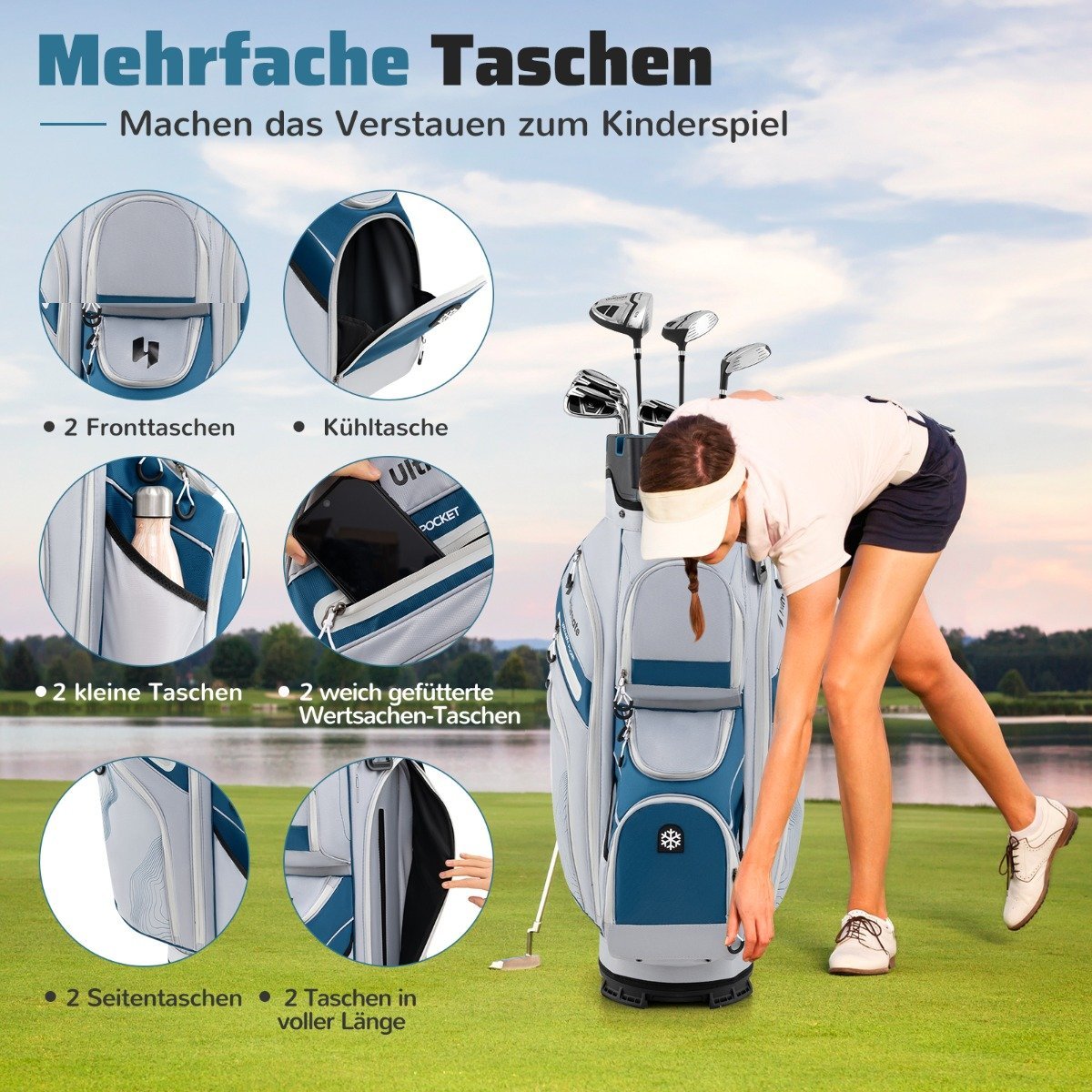 Golf Cart Bag, 14-Way Divider, 11 Pockets, Marine Blue