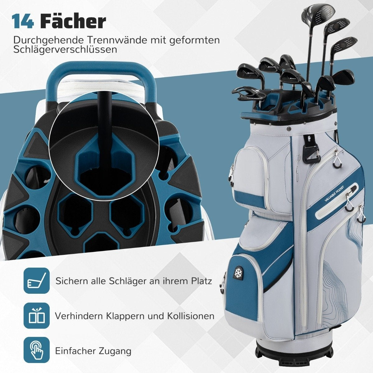 Golf Cart Bag, 14-Way Divider, 11 Pockets, Marine Blue