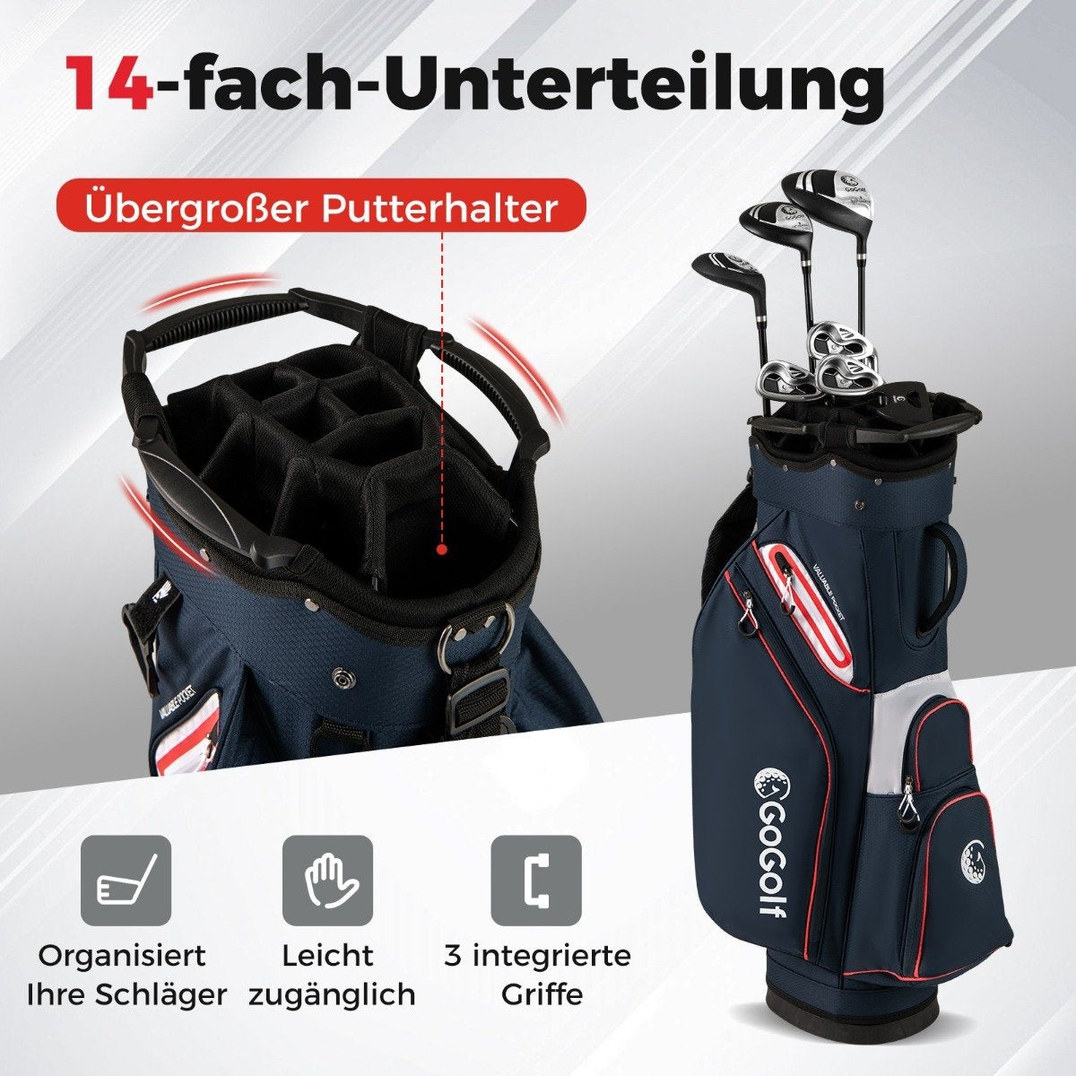 Golf Cart Bag, 14-Way Divider, Water-Resistant, Navy