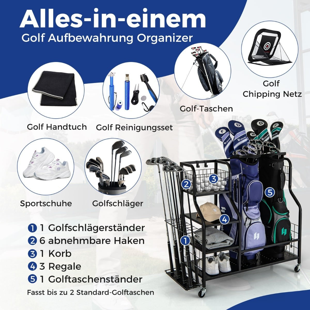 Golf Organizer with Wheels – Holds 2 Bags, Clubs, Gear